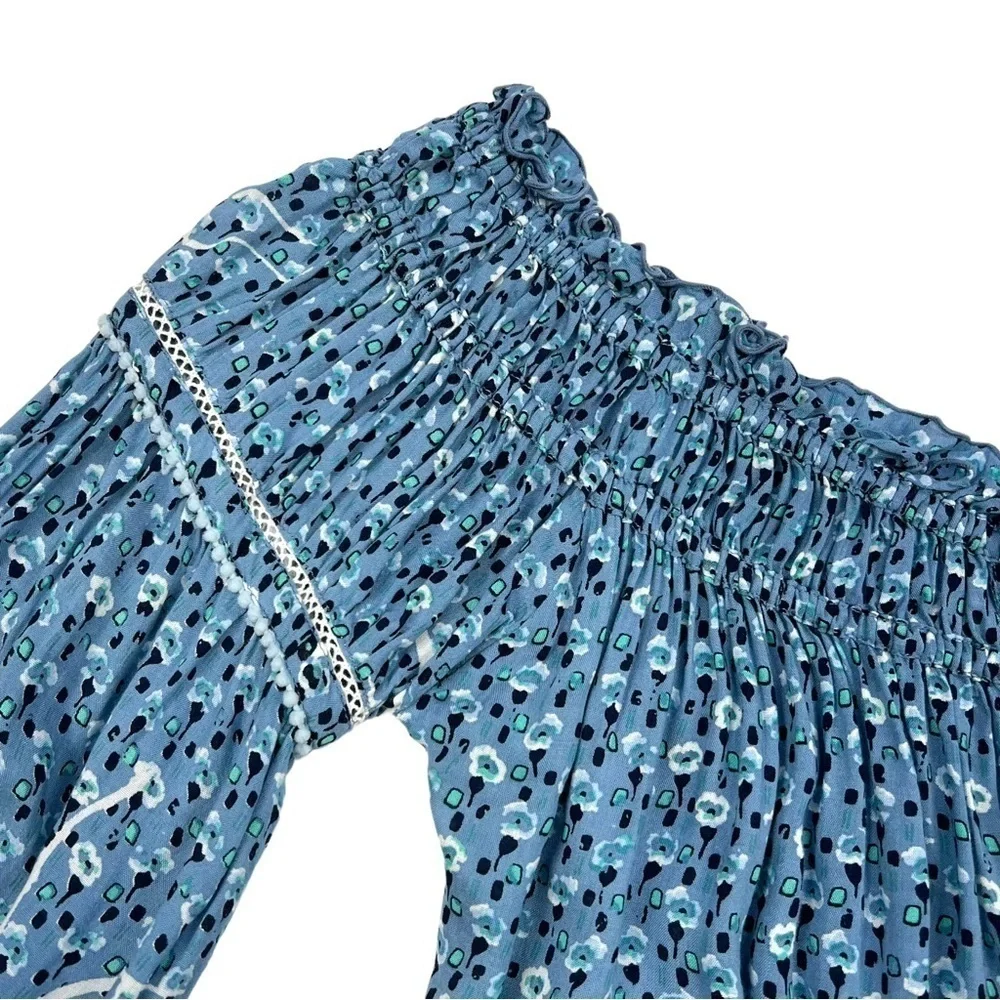 Poupette St. Barth Short Jumpsuit Clara Off Shoulder Blue Geo Flower Print L
